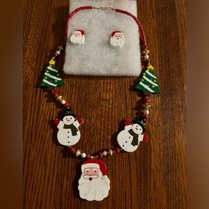 HOLIDAY NECKLACE & MATCHING PIERCED EARRINGS WITH SANTA, SNOWMEN, HOLIDAY TREE